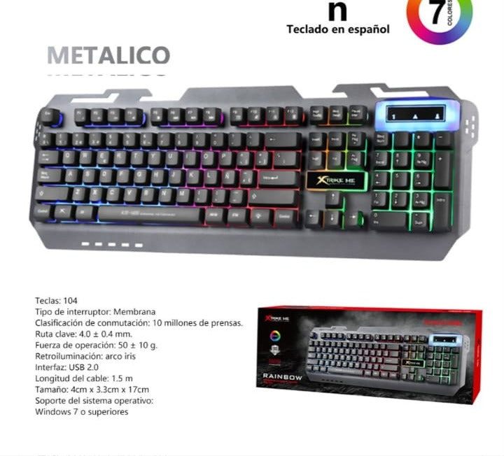 Teclado Gaming Metálico Retroiluminado Arcoíris - accesorio gaming