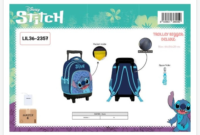 Mochila trolley escolar Bigger Deluxe Stitch (azul) con ruedas