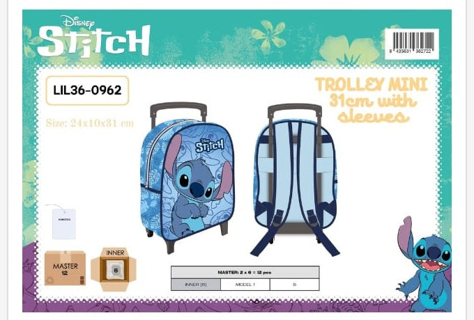 Mochila trolley escolar Mini 31cm Stitch (azul) con ruedas